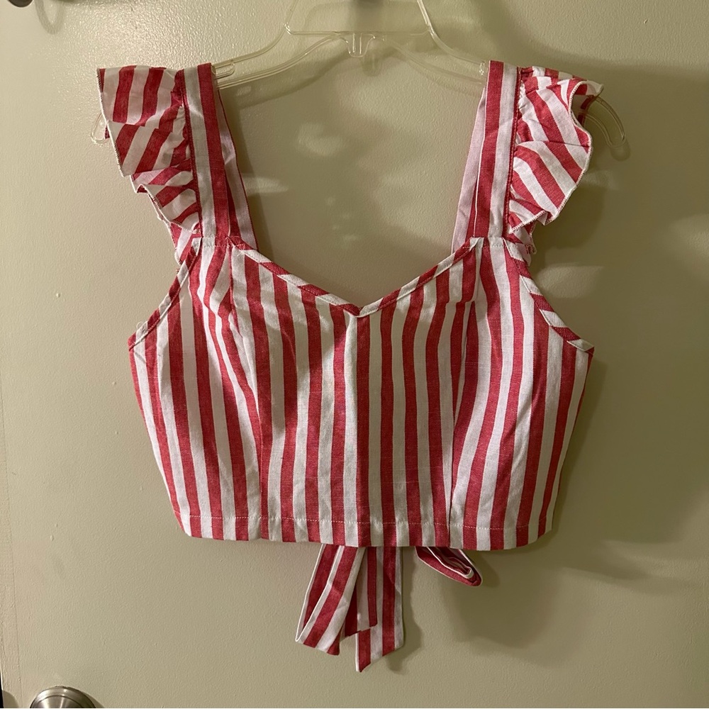 Red and White Striped Ruffle Sleeve Crop Top